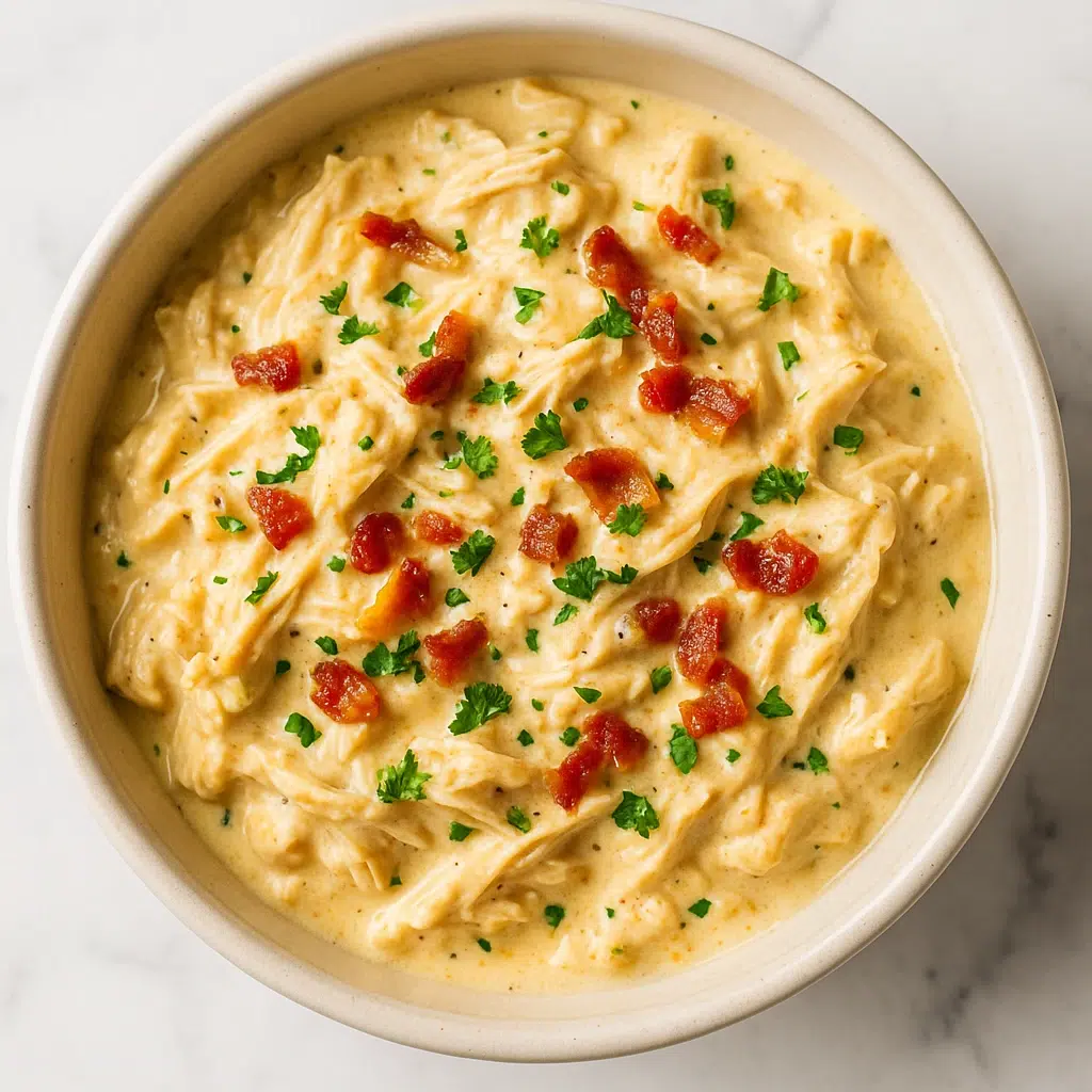 Crack chicken served over rice with crispy bacon bits and fresh parsley