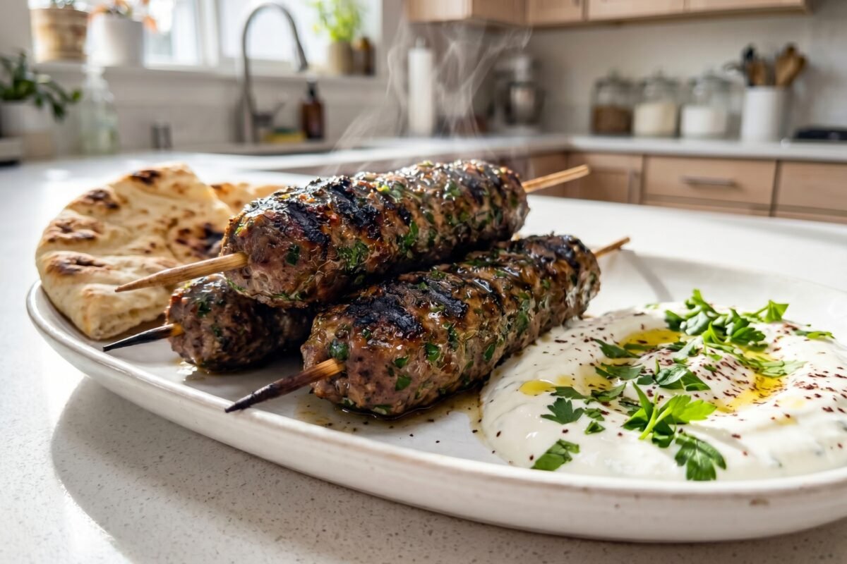 Ground Beef Kofta with Creamy Garlic Sauce