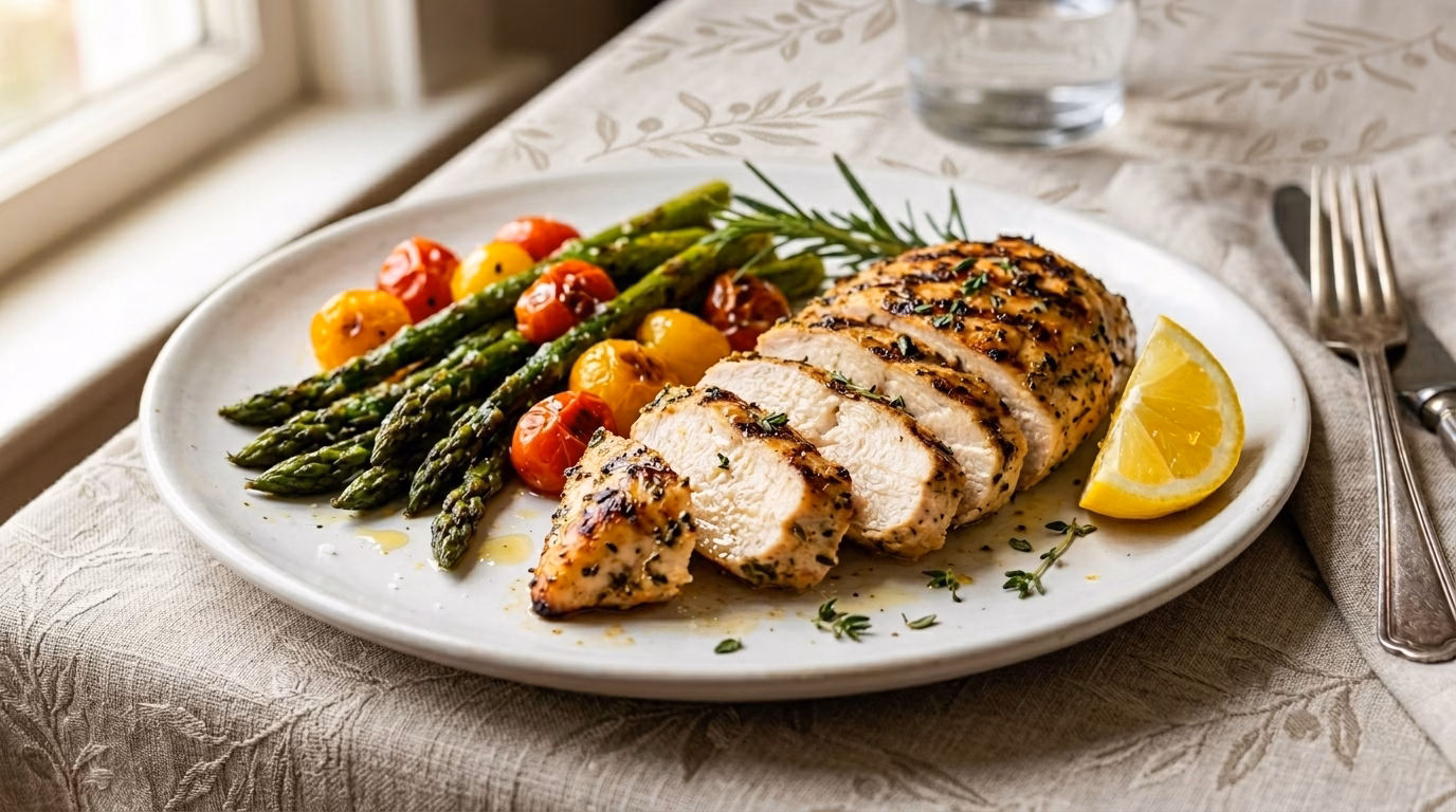 grilled chicken breast with roasted asparagus high protein dinner