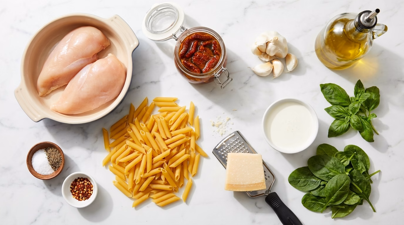 Ingredients for marry me chicken pasta on white marble countertop
