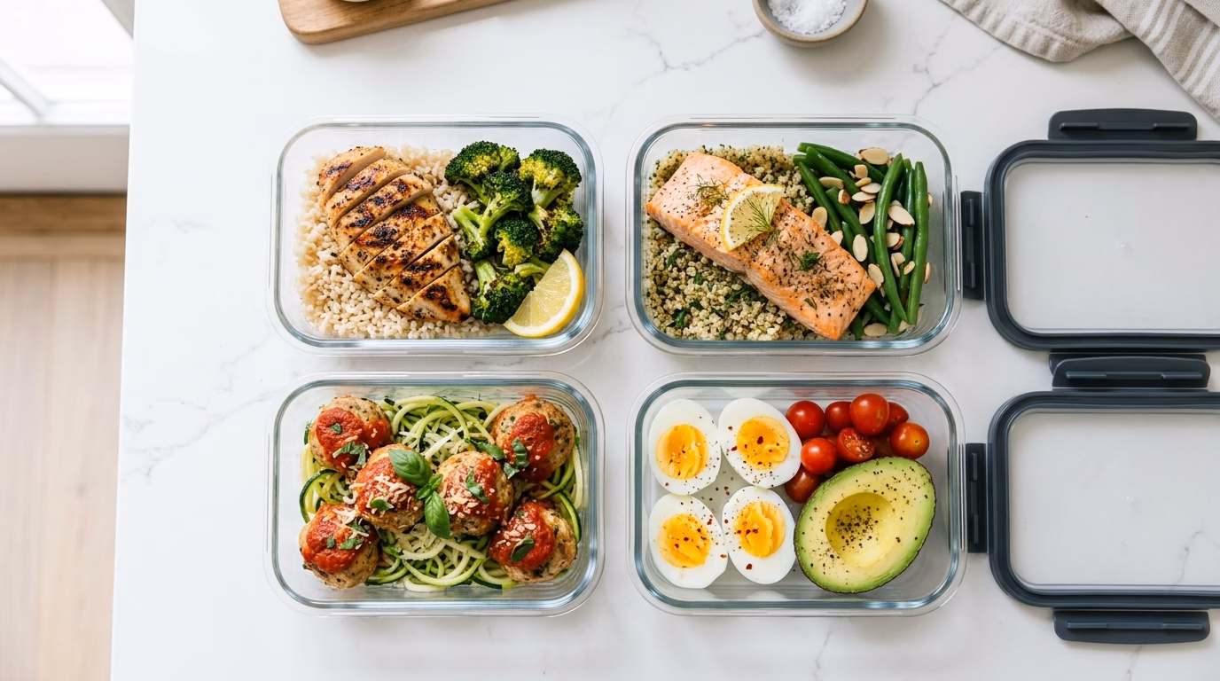 high protein meal prep containers with chicken salmon and eggs
