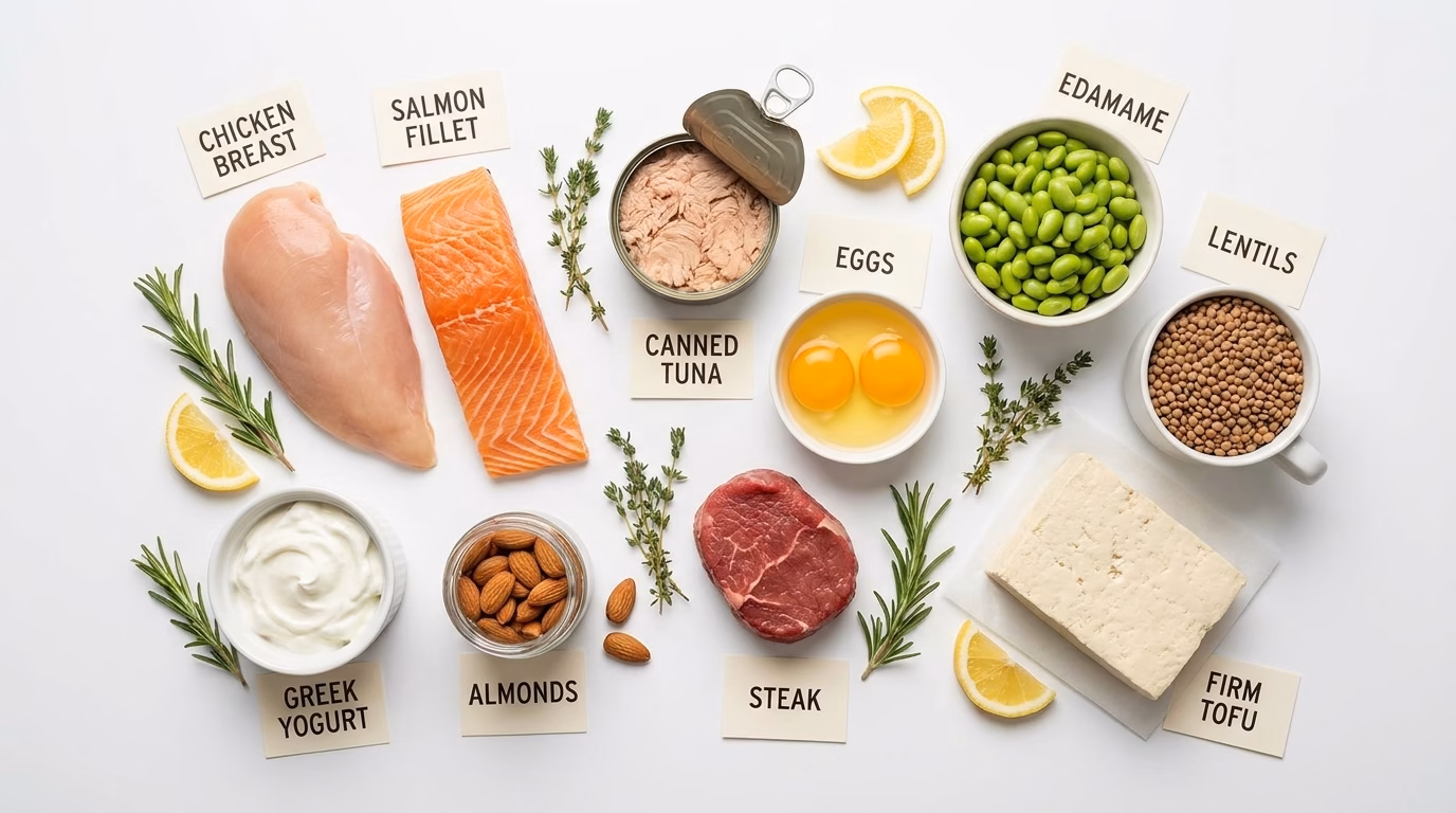 high protein food sources flat lay including salmon chicken eggs and nuts