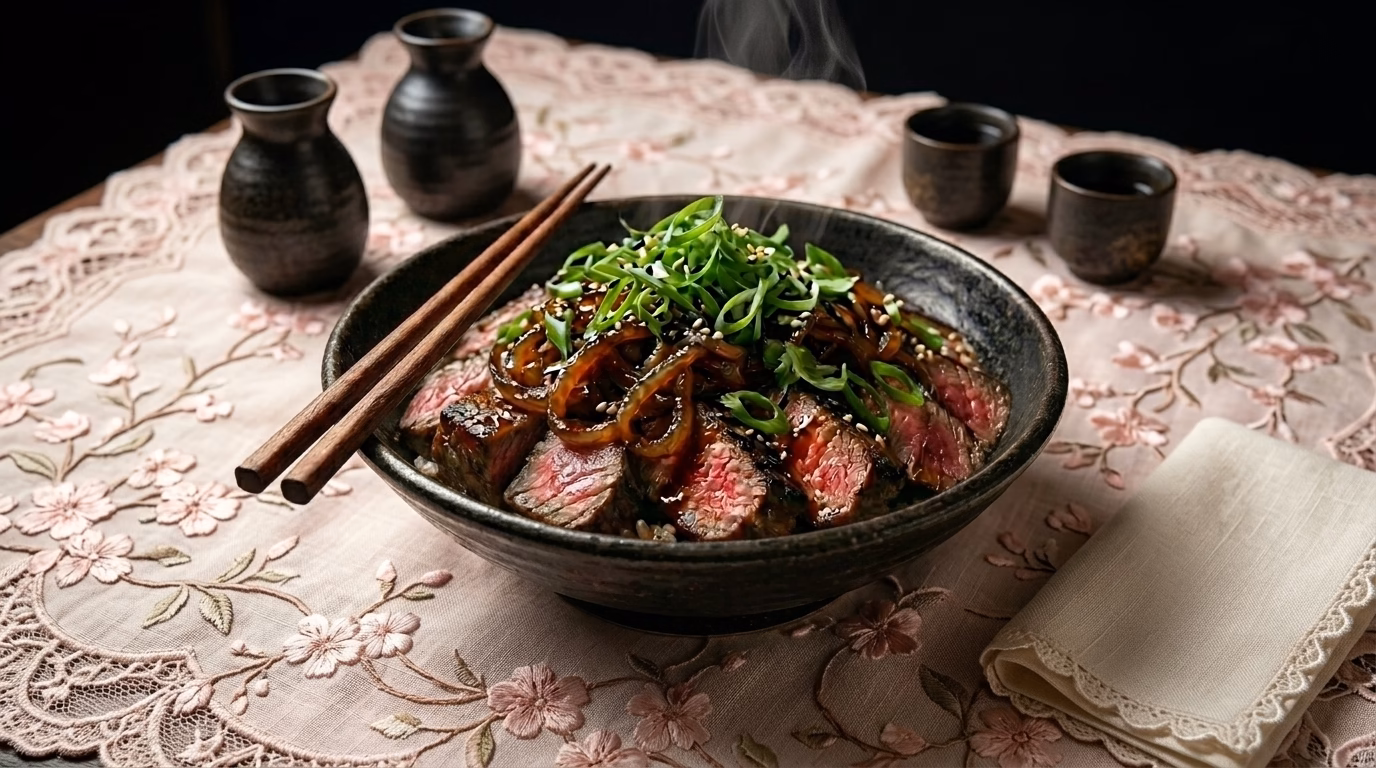 high protein steak rice bowl with sliced steak and caramelized onions