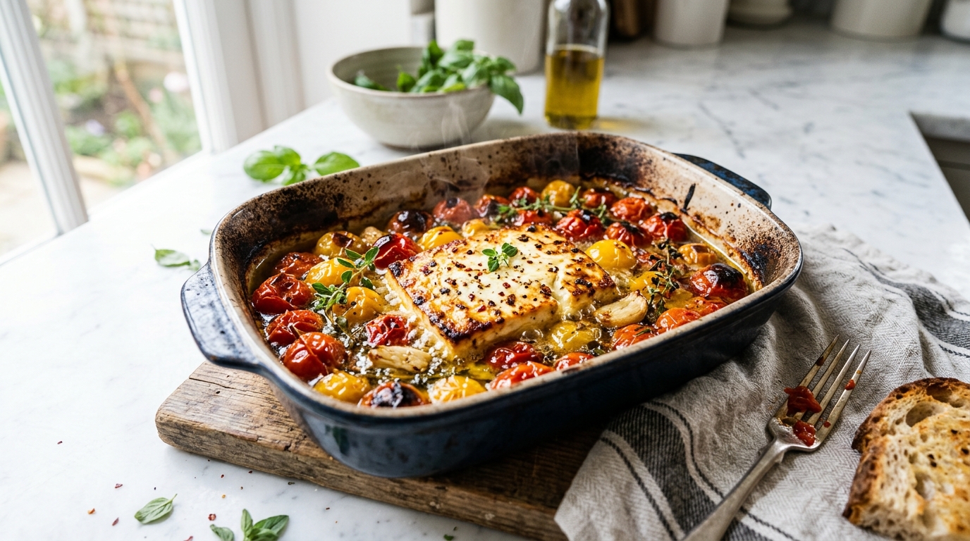 White ceramic baking dish with feta cheese block surrounded by colorful cherry tomatoes drizzled with olive oil, ready for the oven