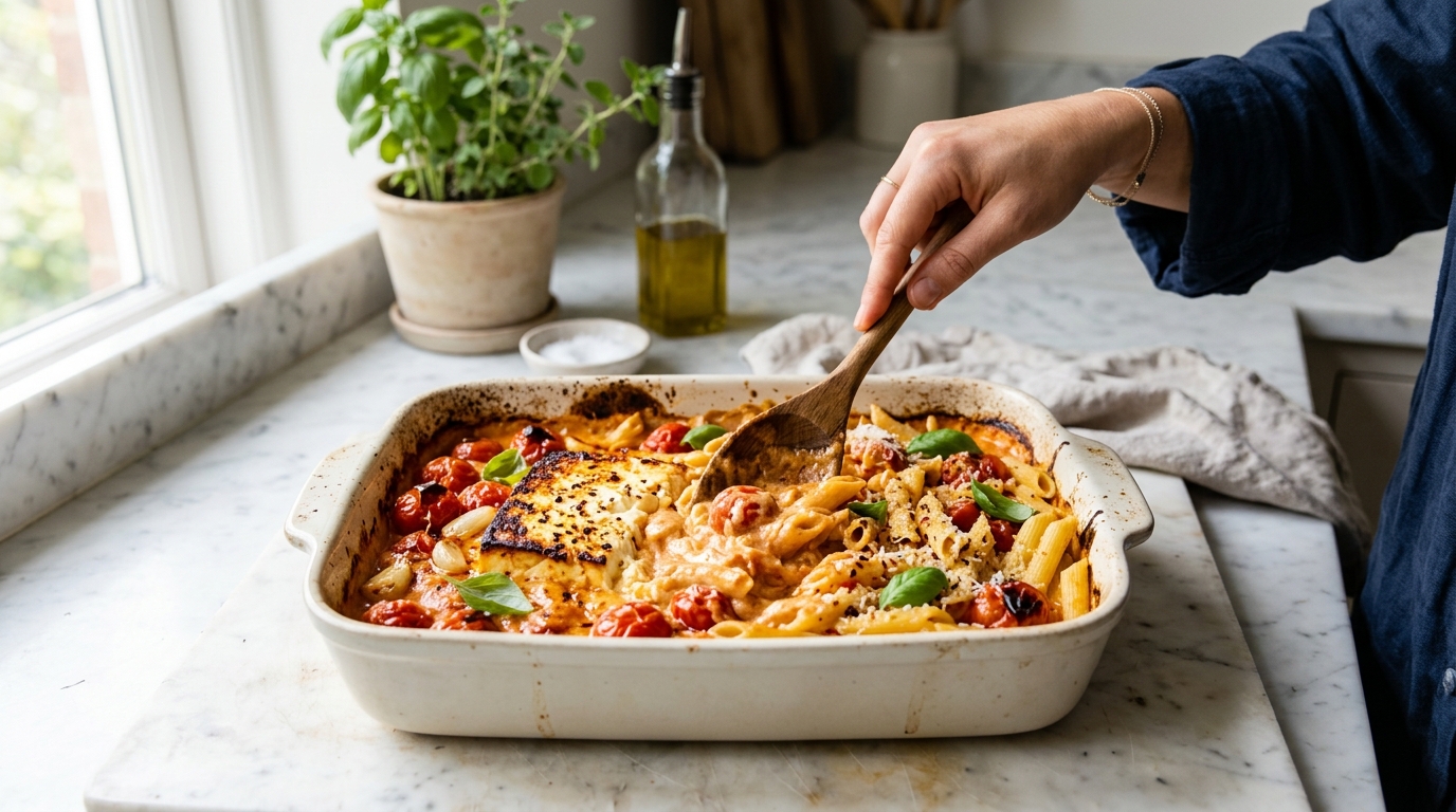 Baked feta pasta in a white ceramic dish with burst cherry tomatoes and basil