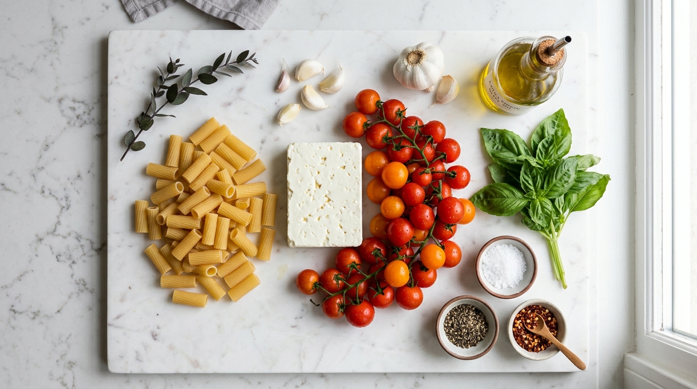 Overhead flat-lay of baked feta pasta ingredients: feta block, cherry tomatoes, rigatoni, garlic, basil, olive oil on white marble