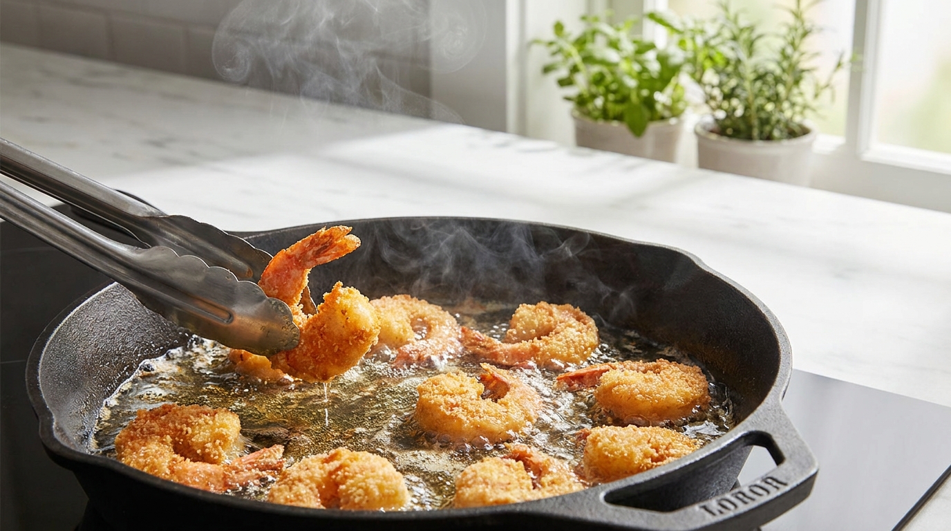 Bang bang shrimp frying golden in bubbling oil with slotted spoon