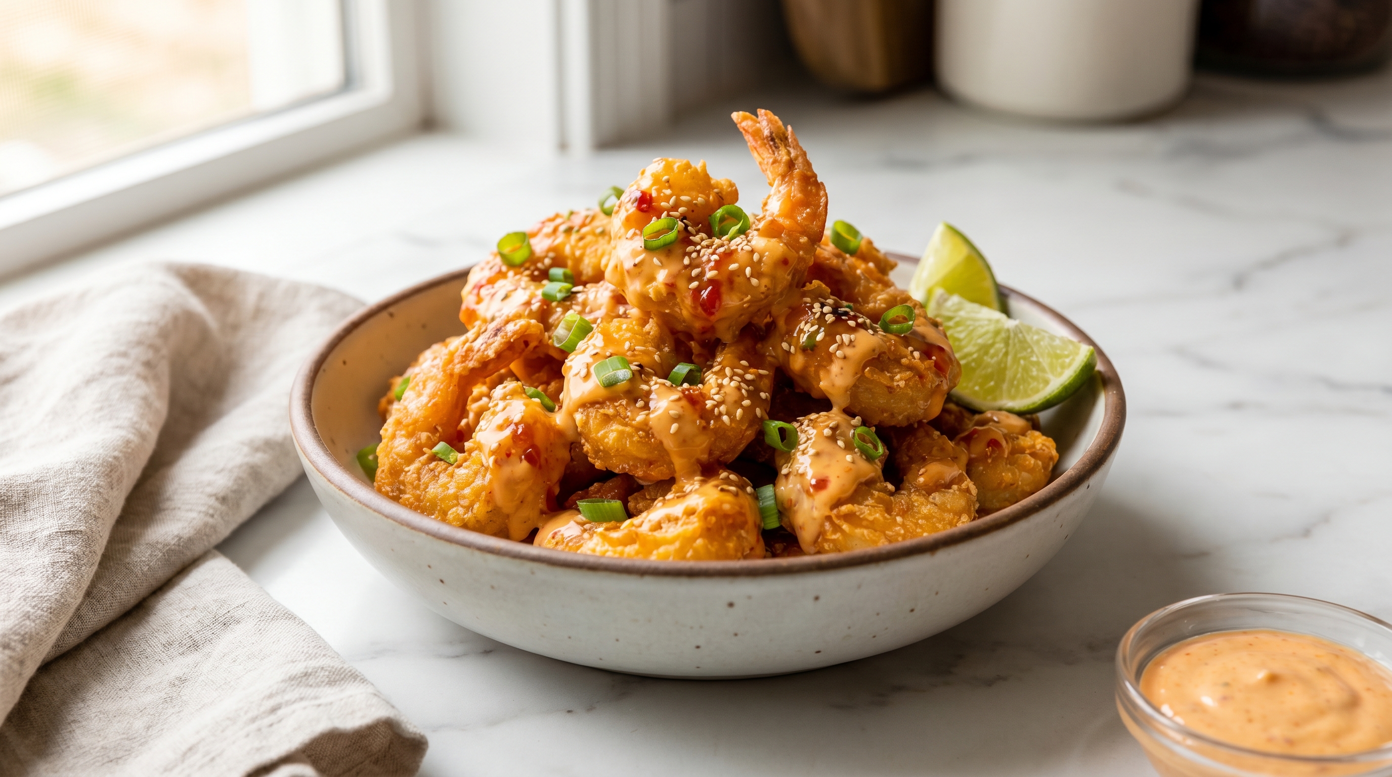 Crispy bang bang shrimp in creamy orange sauce