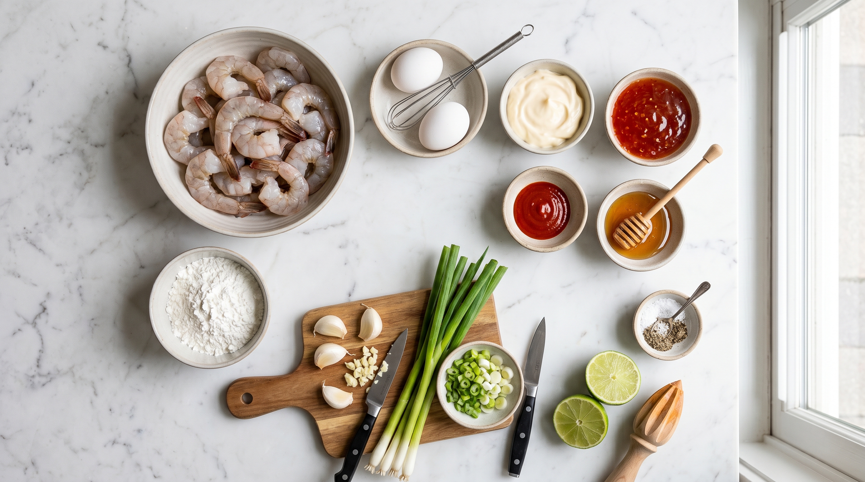 Bang bang shrimp ingredients overhead flat-lay on white marble