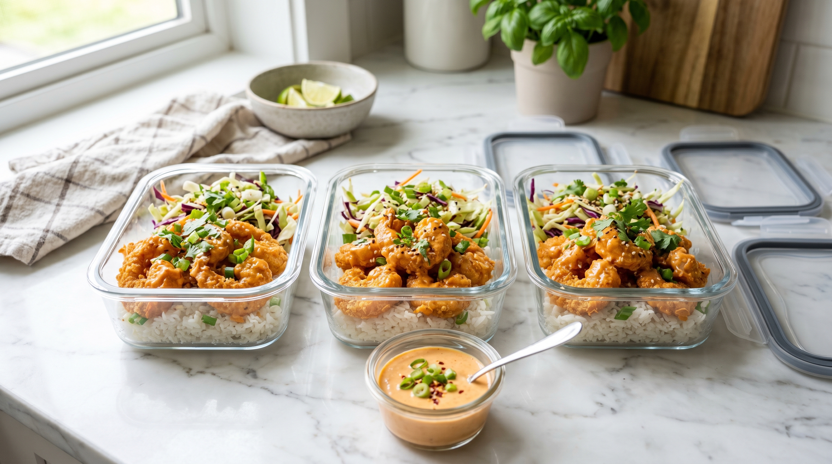 Bang bang shrimp and sauce in glass containers