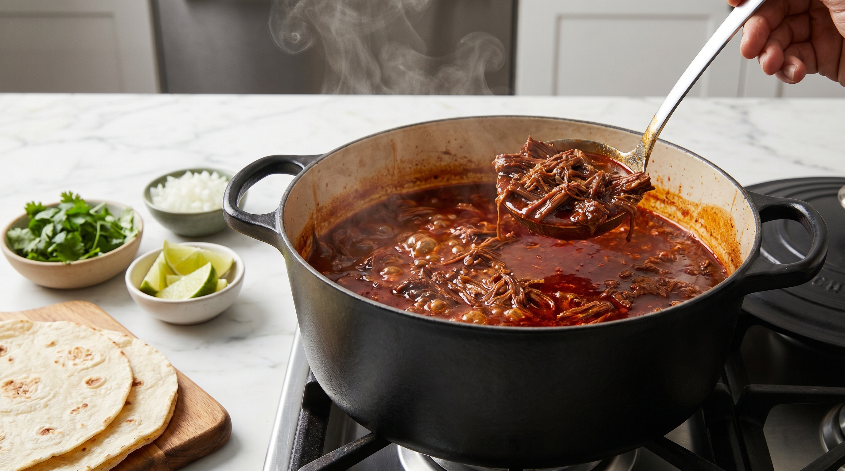 Dutch oven with beef braising in brick-red chile consomme sauce