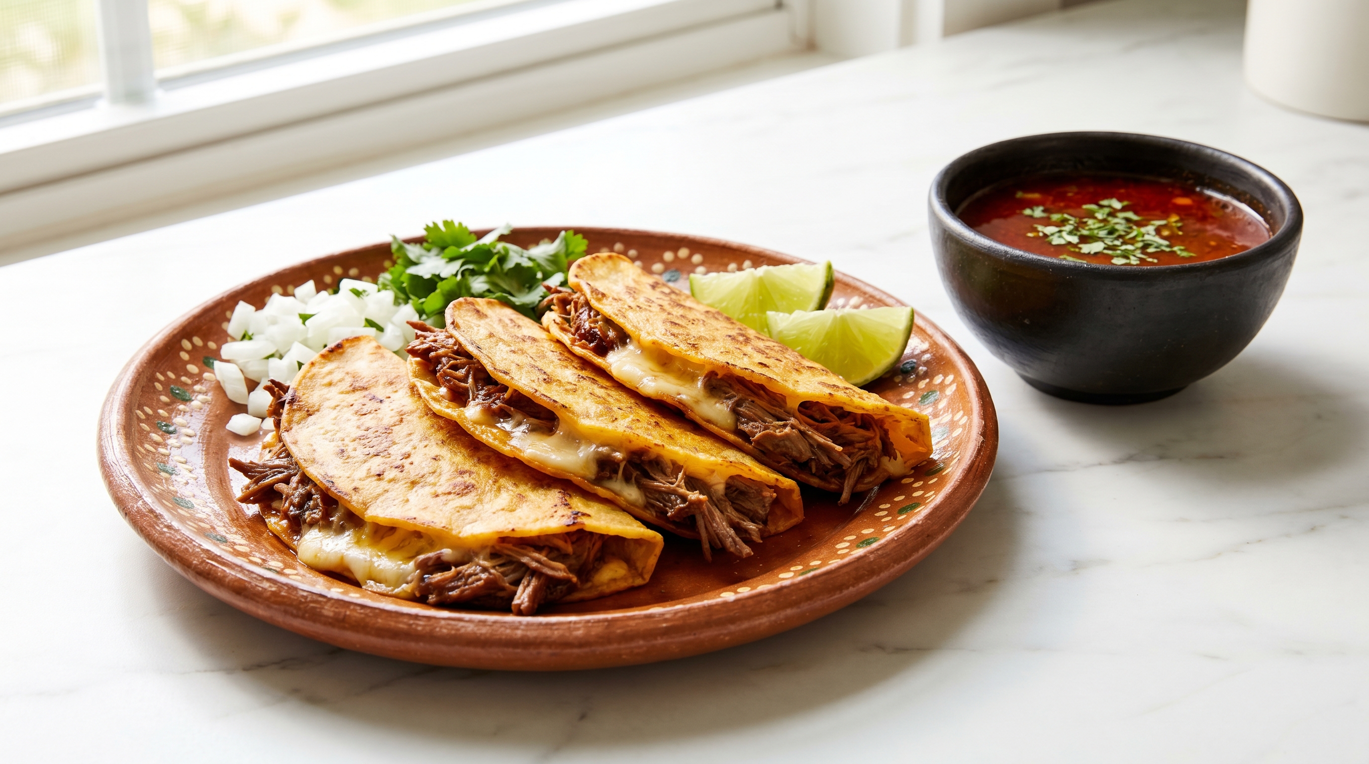 Crispy birria tacos with red consommé
