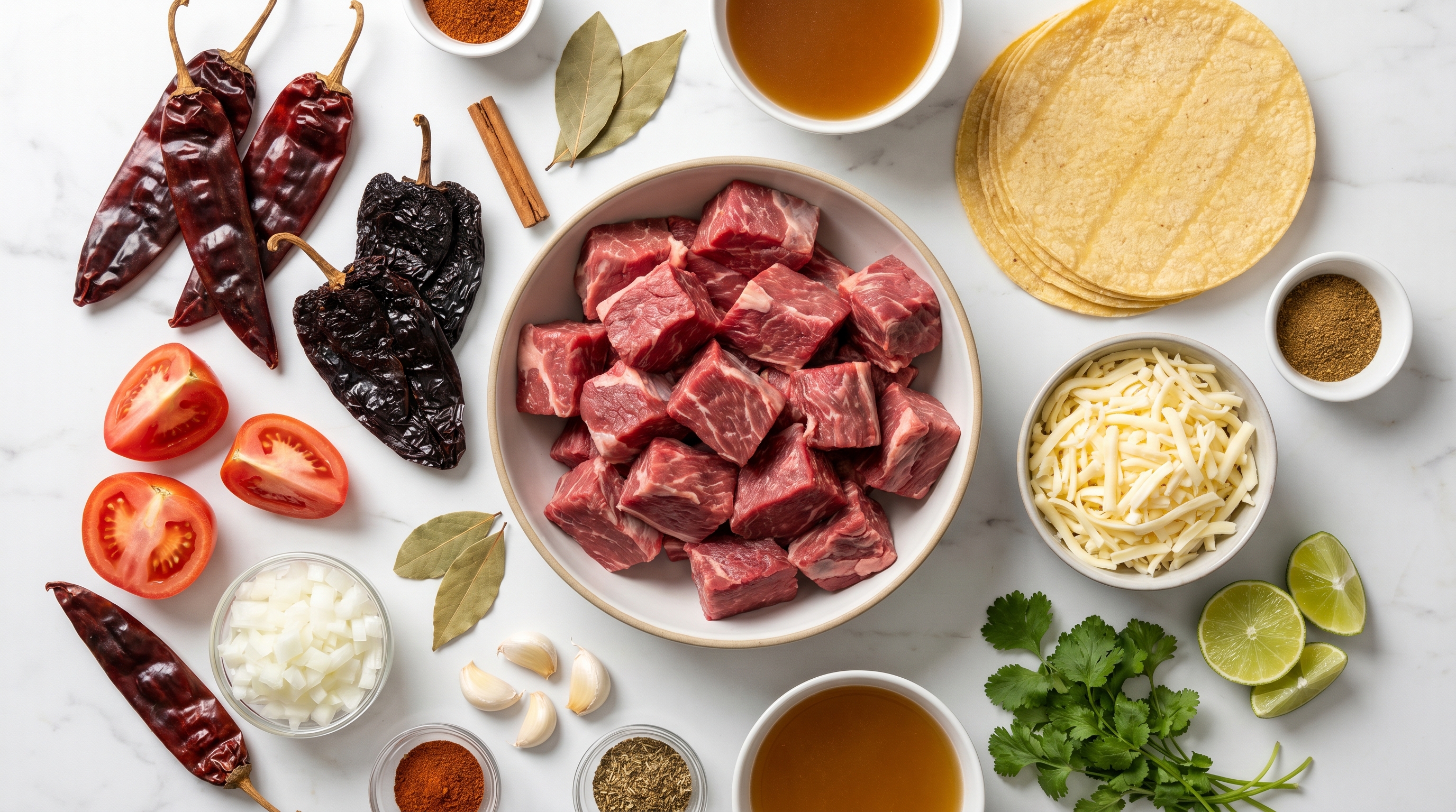 Birria tacos ingredients flat lay with beef chuck dried chiles tomatoes and tortillas