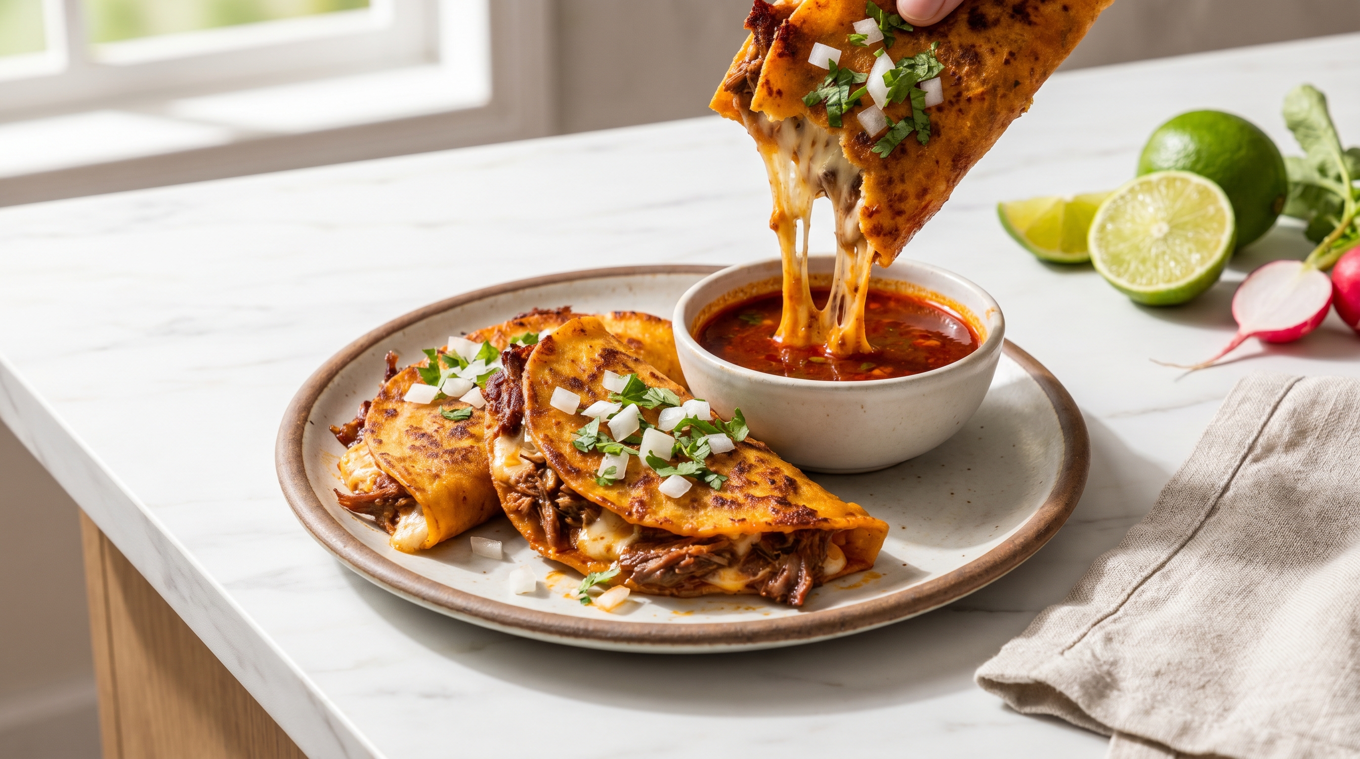 Crispy birria tacos dipped in red consommé, garnished with onion and cilantro