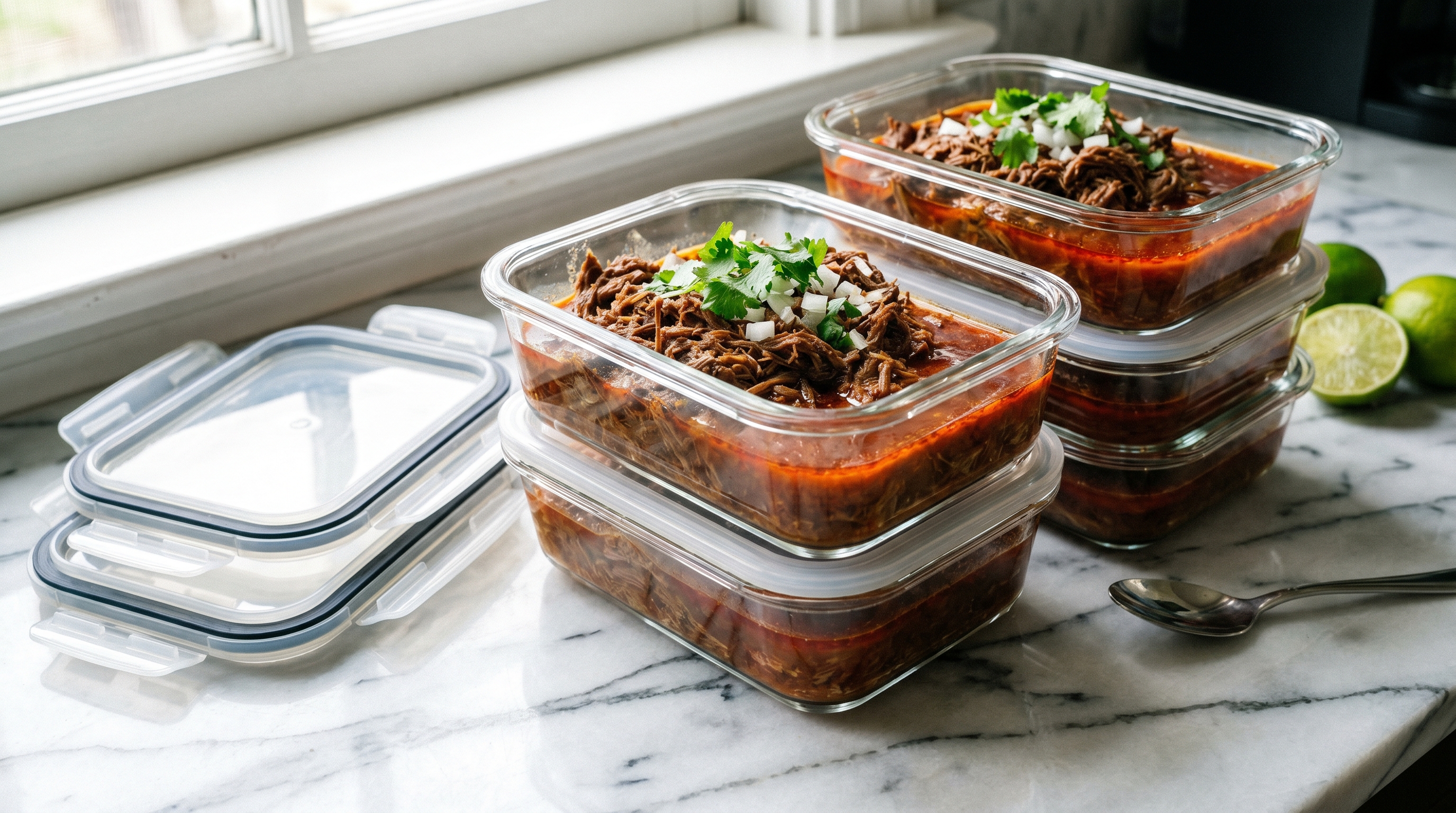 Birria beef and consommé in glass containers