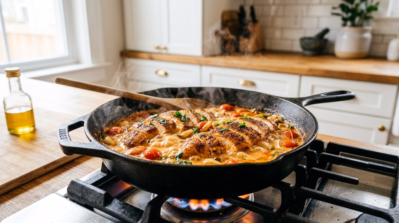 Cajun chicken searing in a cast iron skillet with cherry tomatoes and cream sauce bubbling, bright kitchen with white cabinets