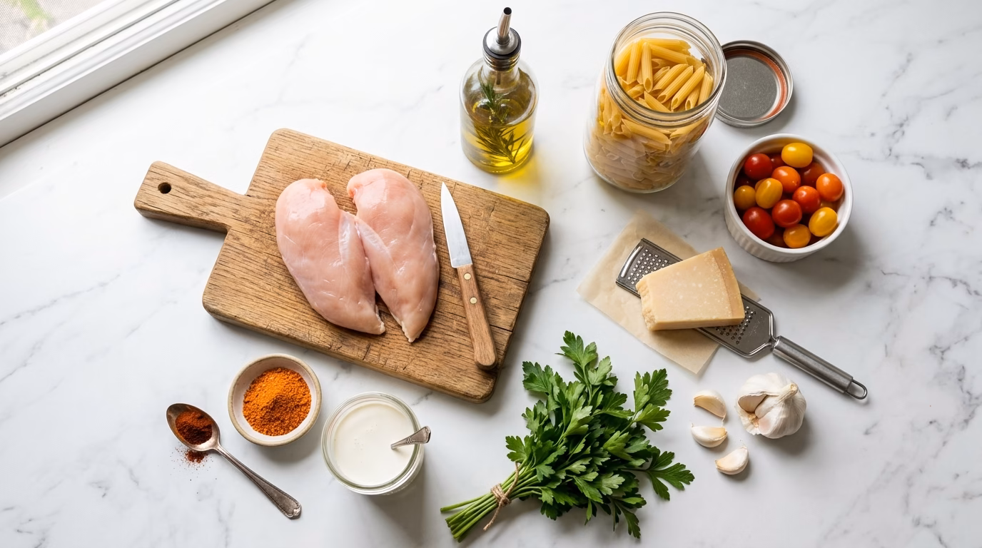 Cajun chicken pasta ingredients flat lay showing chicken breast, penne, cherry tomatoes, garlic, parmesan and Cajun spices on white marble countertop