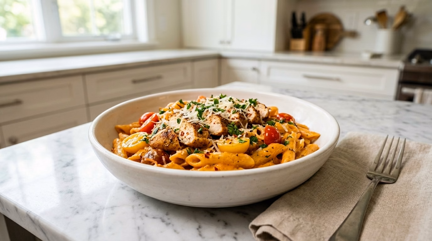 Creamy Cajun chicken pasta served in a white ceramic bowl on a wooden table, garnished with fresh parsley