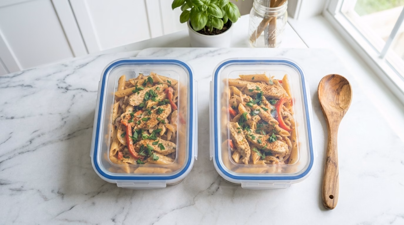 Glass meal prep containers filled with creamy Cajun chicken pasta on white marble countertop
