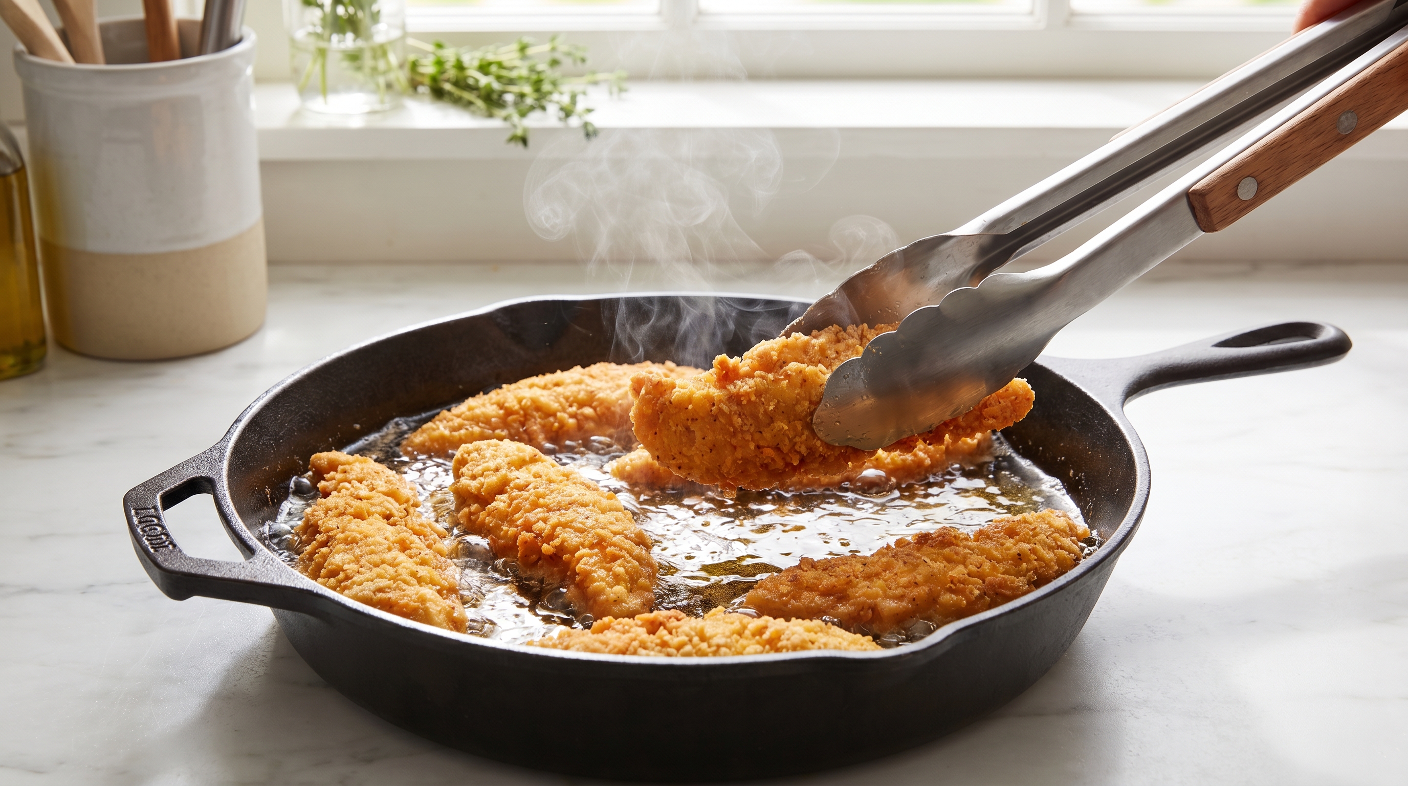 Chicken tenders searing golden beside small saucepan of cowboy butter with herbs