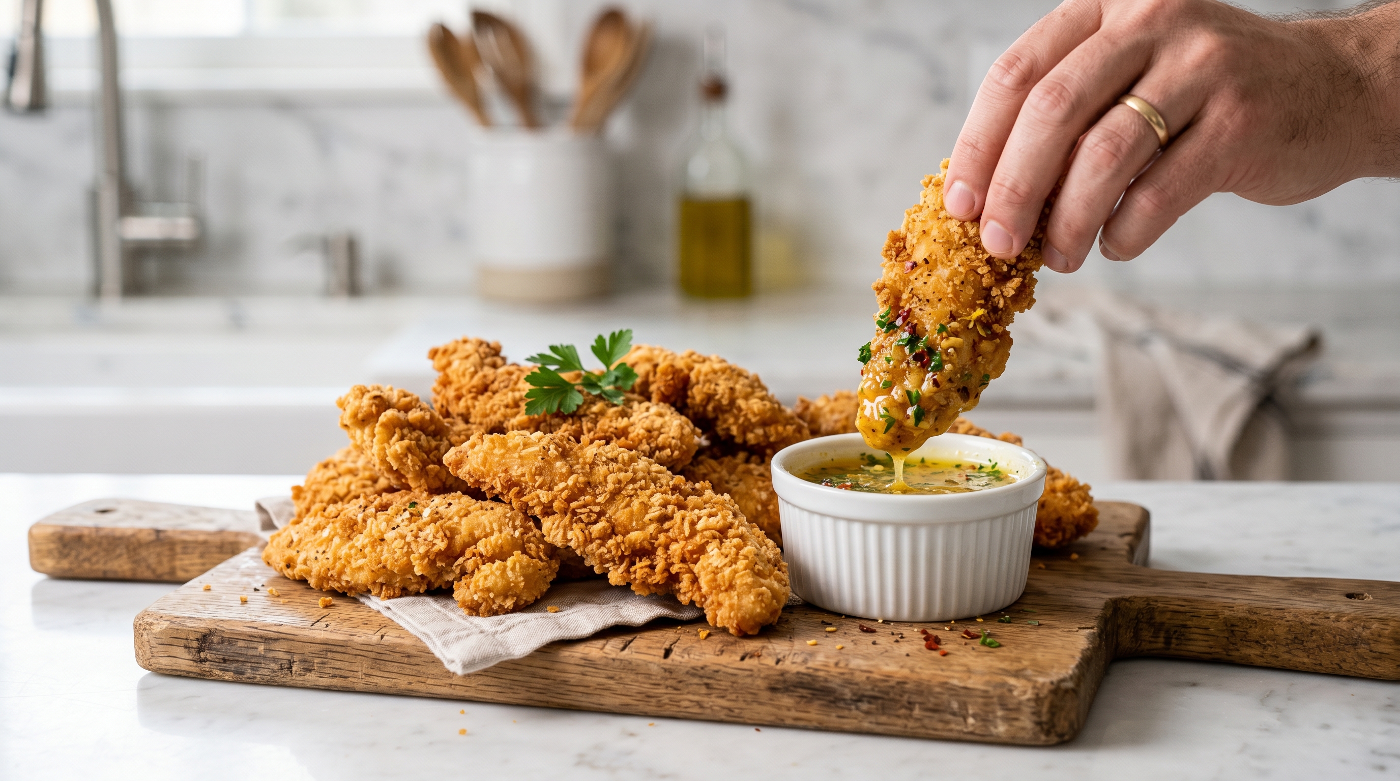 Golden chicken tenders with cowboy butter