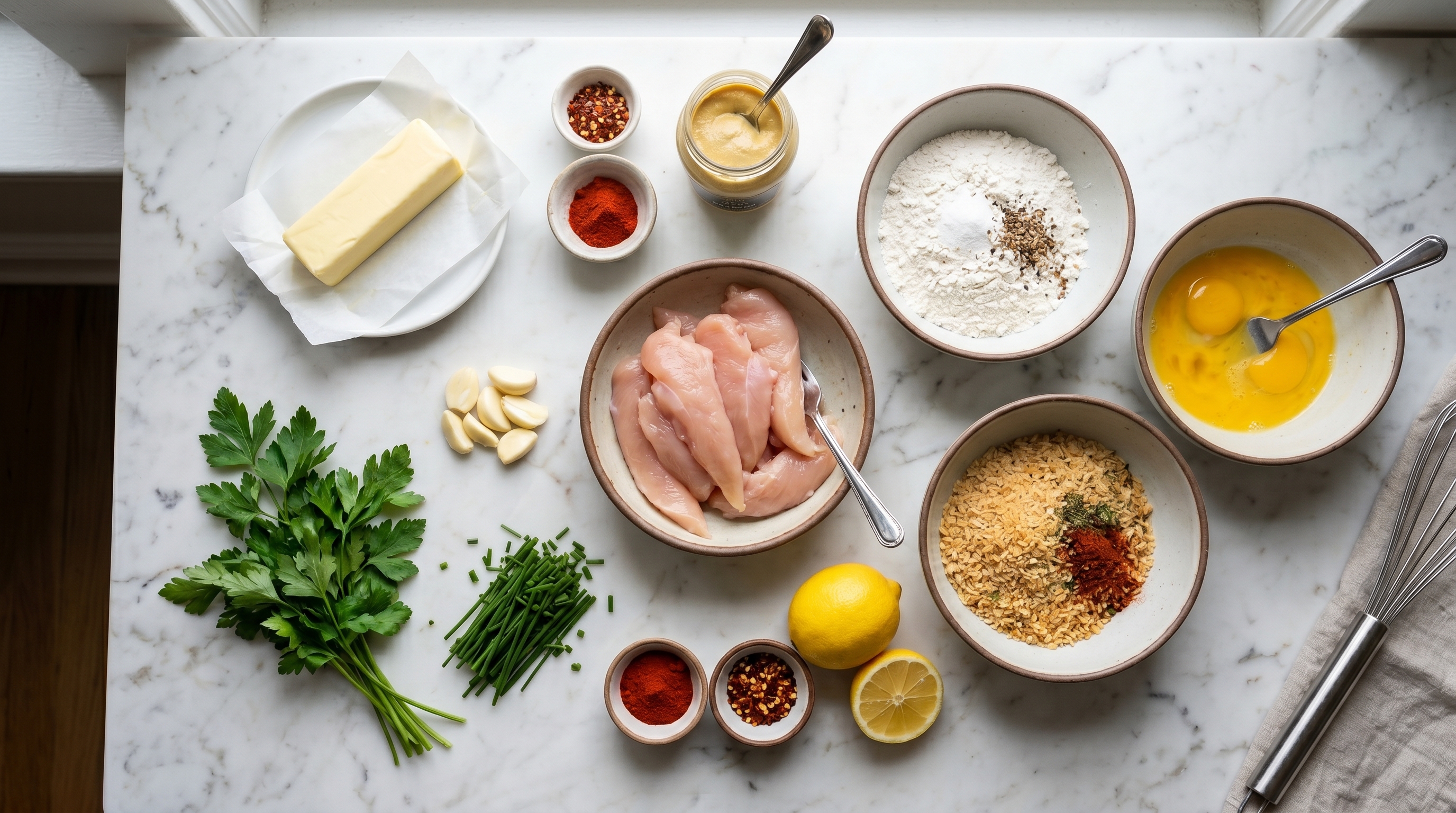 Cowboy butter chicken tenders ingredients flat lay on white marble