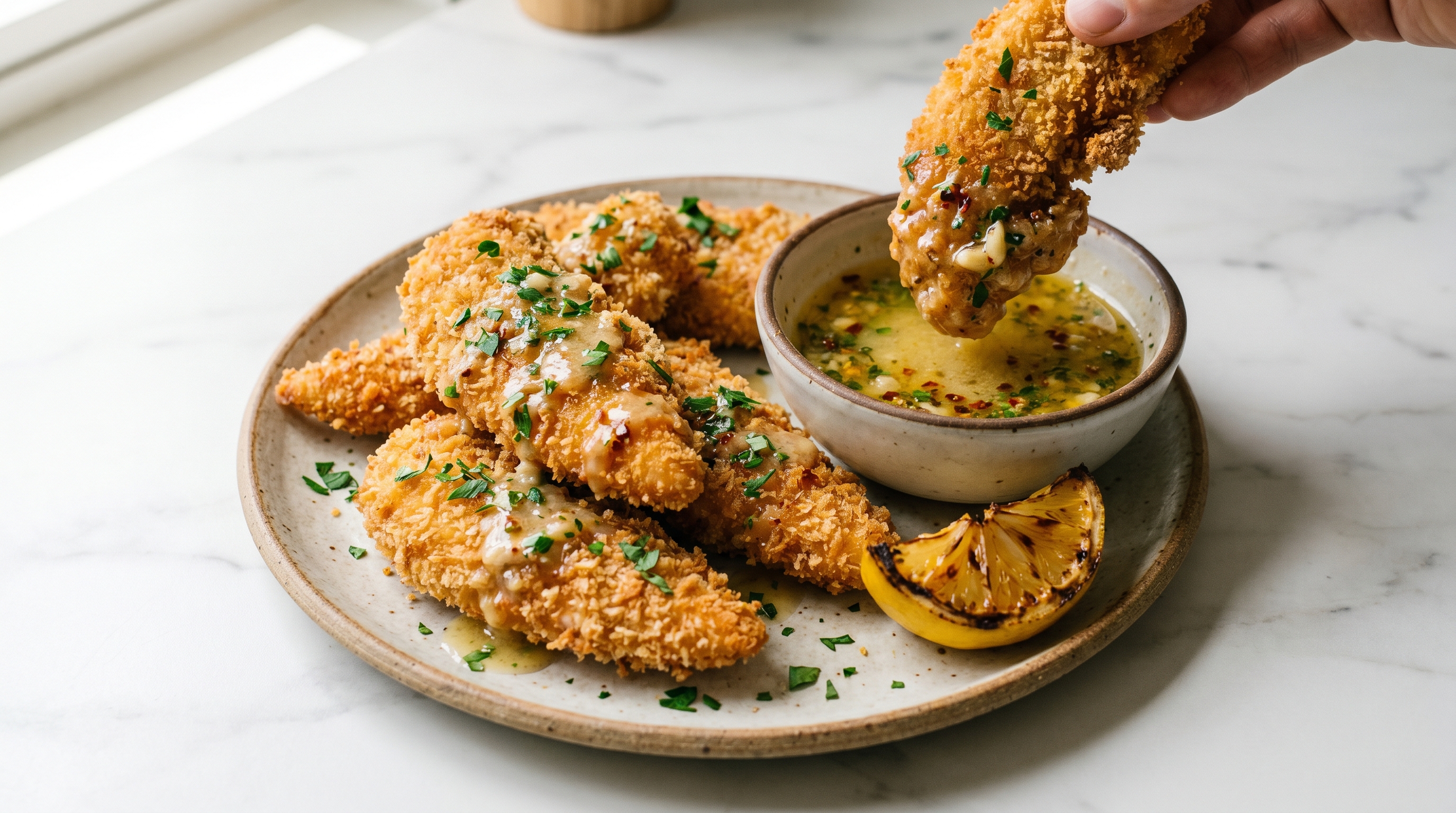 Cowboy butter chicken tenders family platter with fries bread and dipping bowl