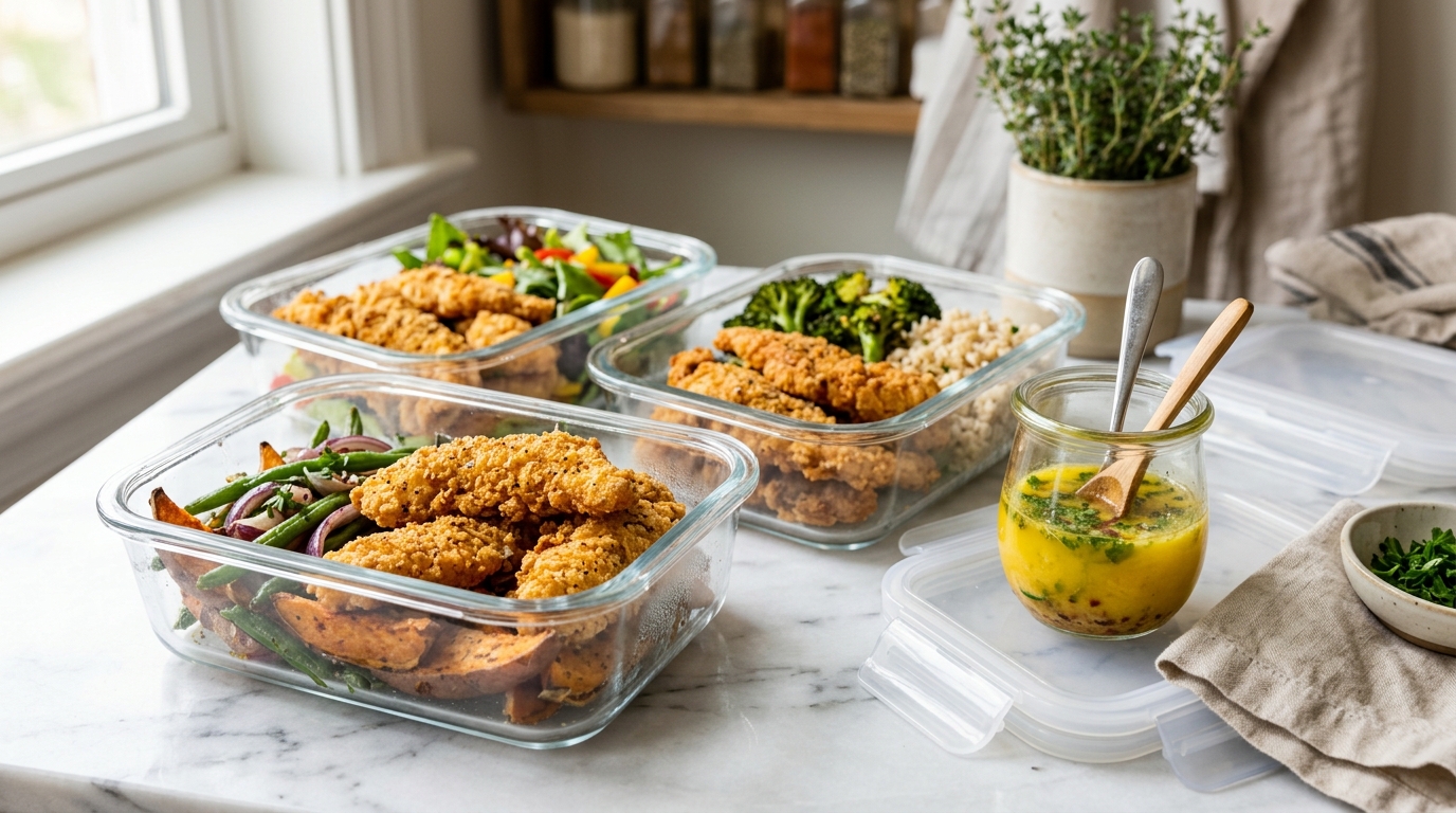 Chicken tenders in glass container with butter jar