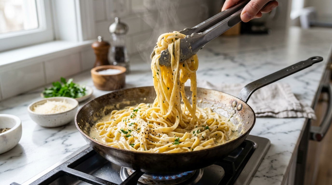 Minced garlic foaming in butter in a stainless steel pan with cream being poured in