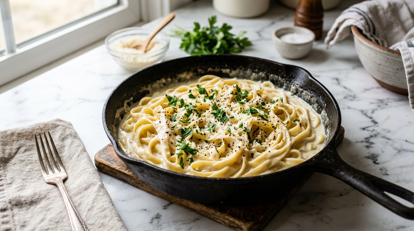 Fettuccine in glossy garlic parmesan cream sauce in a white pasta bowl