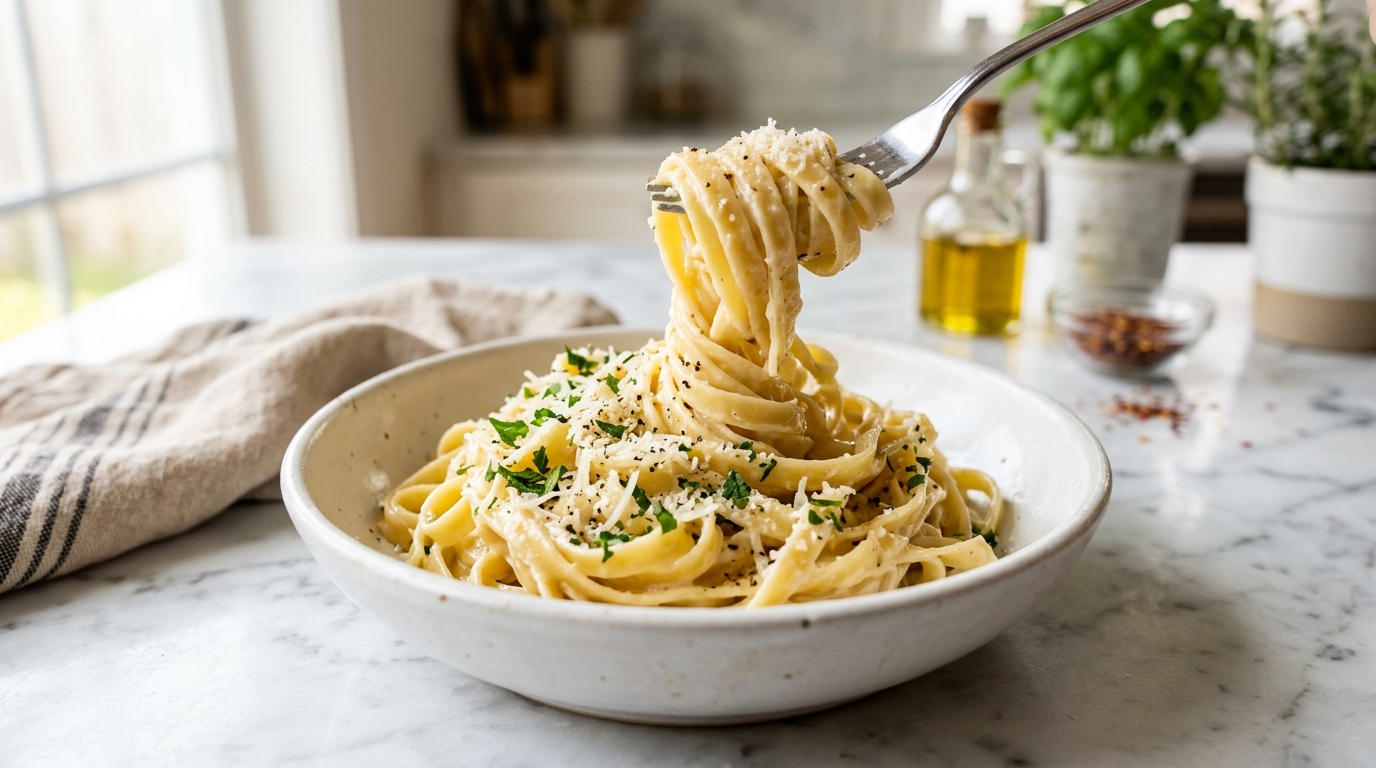 White bowl of creamy garlic parmesan fettuccine with parmesan curls and cracked black pepper, fork resting on rim