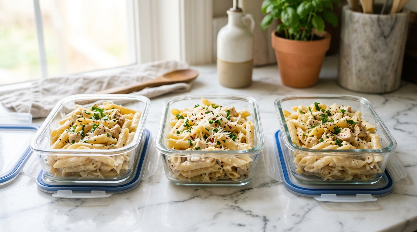 Glass containers of leftover fettuccine parmesan pasta for meal prep storage