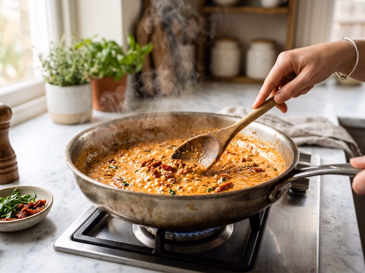 creamy-sun-dried-tomato-pasta cooking