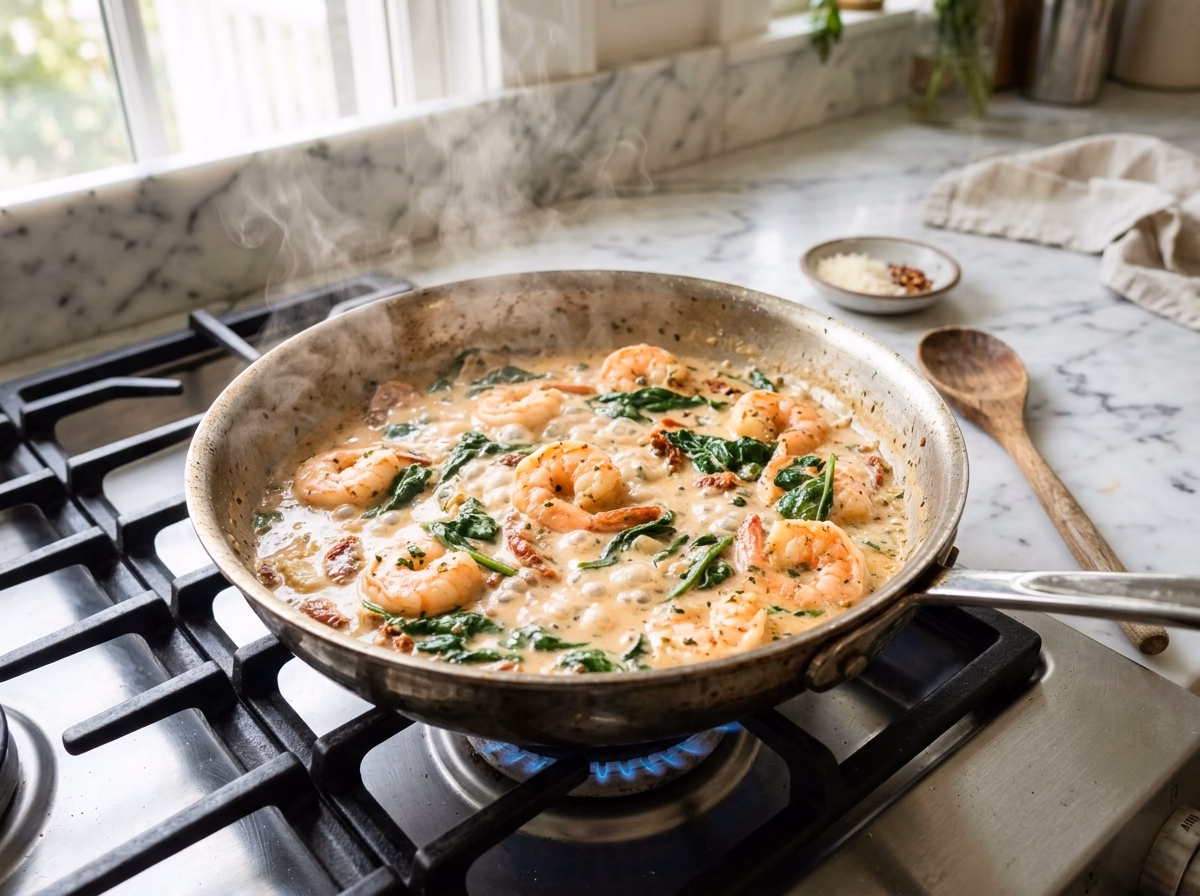 creamy-tuscan-shrimp cooking