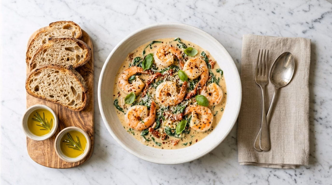 tuscan butter shrimp in a skillet with spinach and sun-dried tomatoes