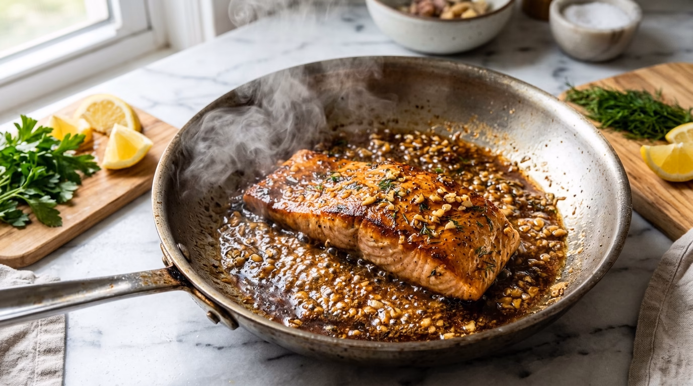 crispy-honey-garlic-salmon cooking