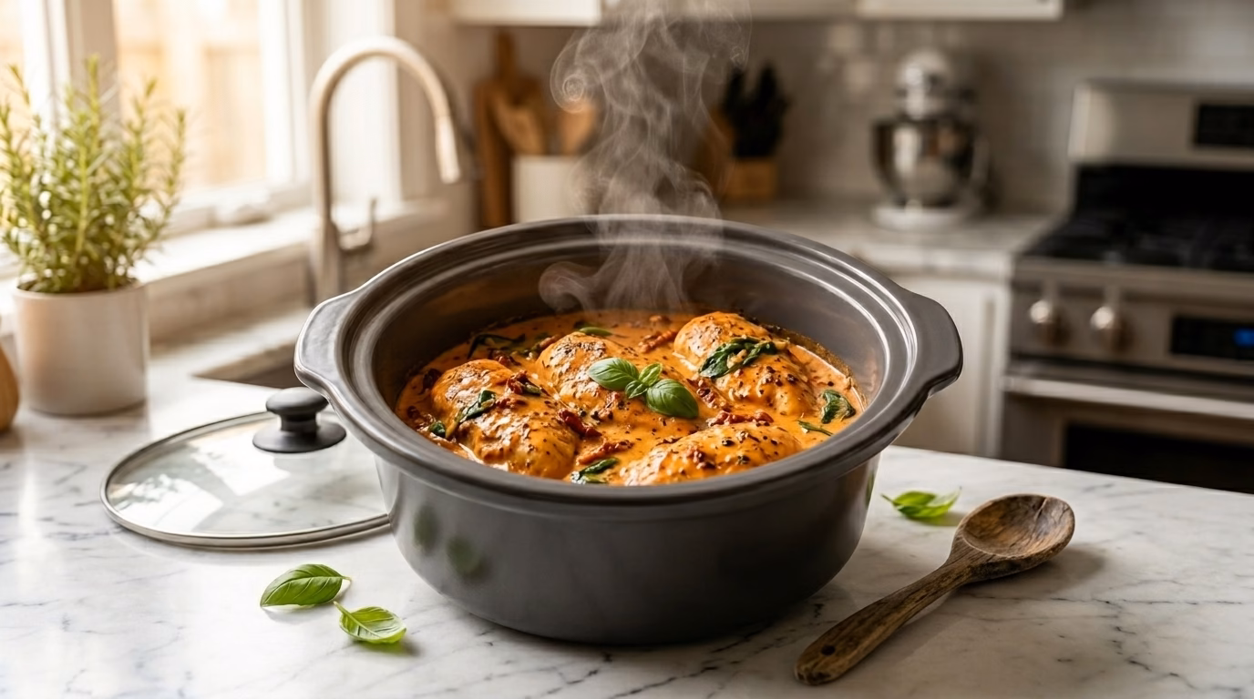 Crockpot slow cooker with creamy chicken pasta cooking