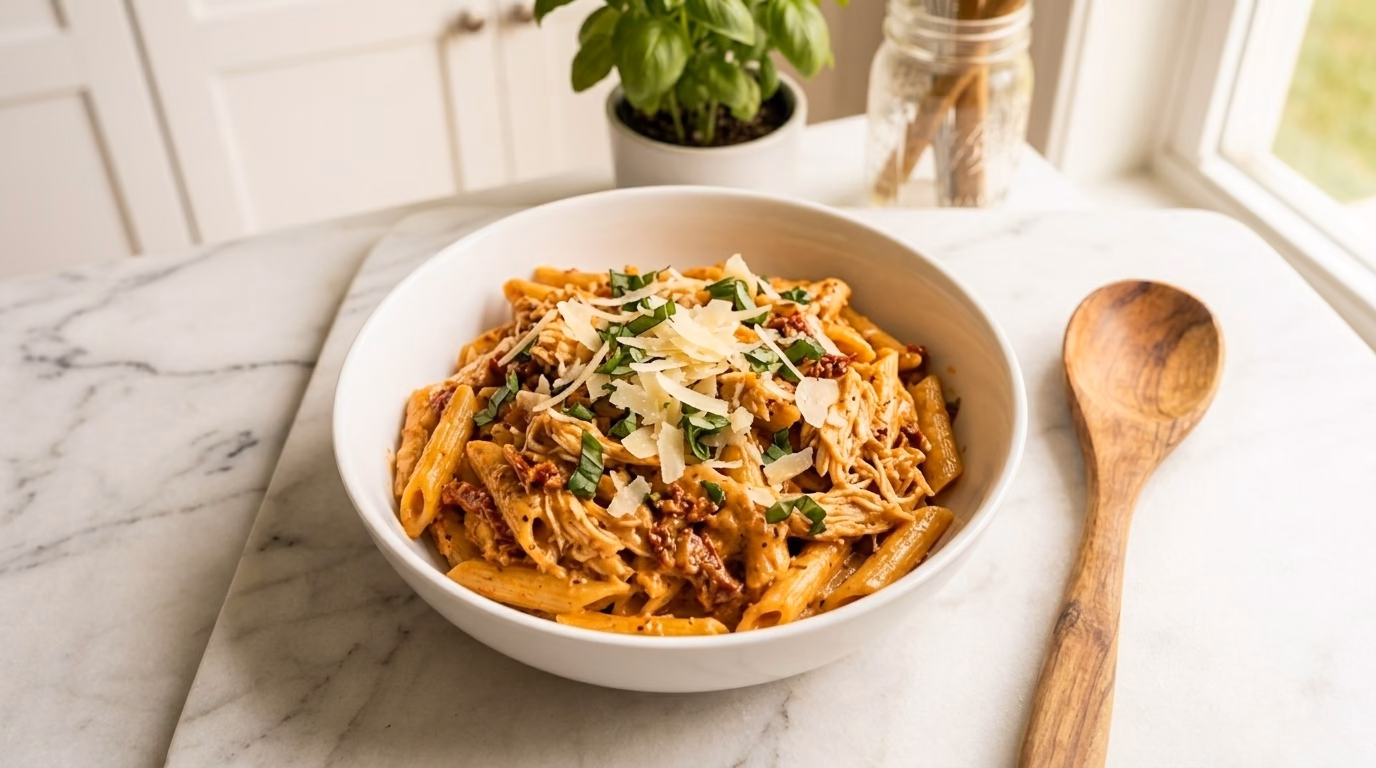Crockpot Marry Me Chicken Pasta creamy sun-dried tomato sauce in a bowl