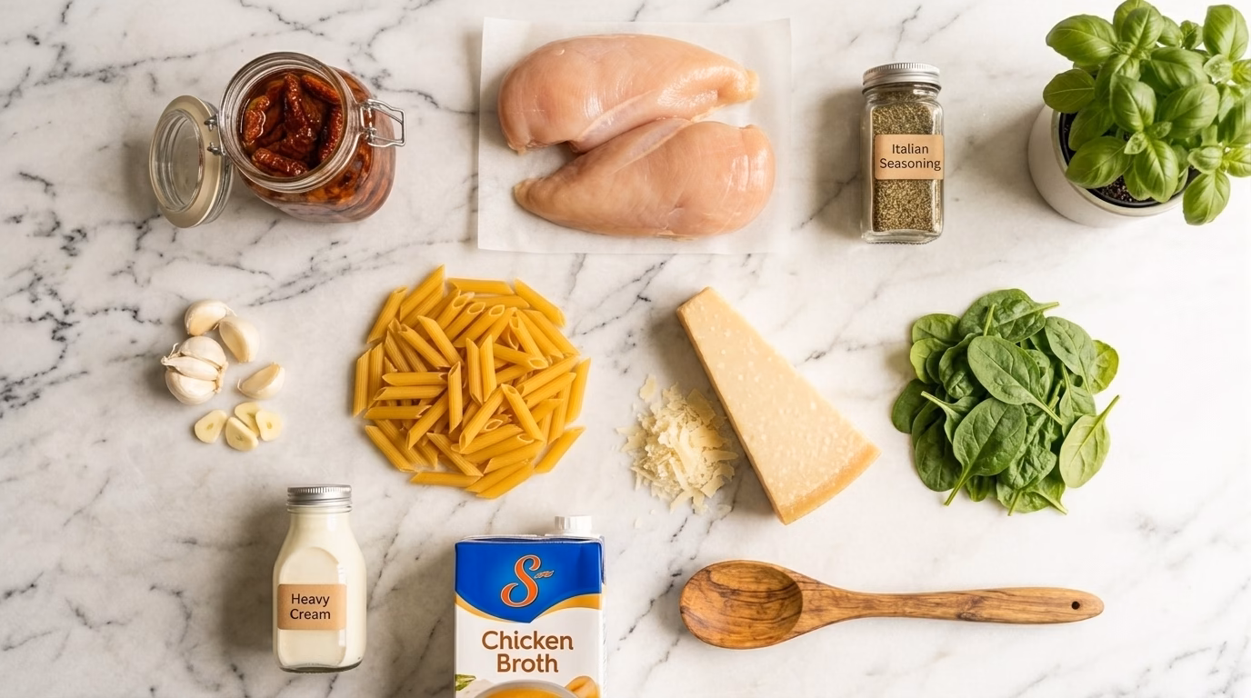 Ingredients for Crockpot Marry Me Chicken Pasta on white marble