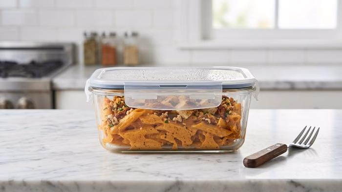 Crockpot Marry Me Chicken Pasta leftovers in glass container on white marble