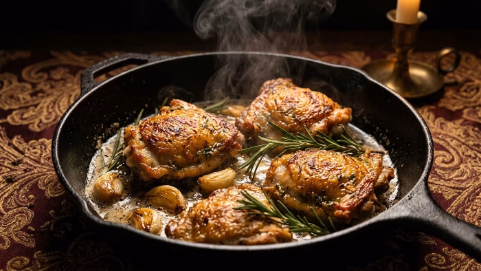 Golden crispy chicken thighs seared in a cast iron skillet with garlic butter