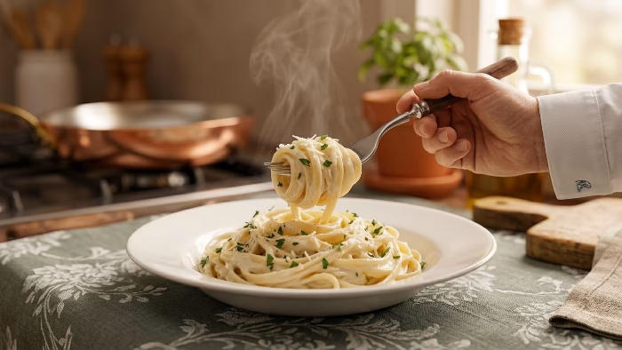 Creamy garlic parmesan pasta twirled on a fork with fresh parsley and grated cheese