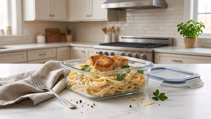 Garlic Butter Chicken Pasta leftovers in glass container on white marble