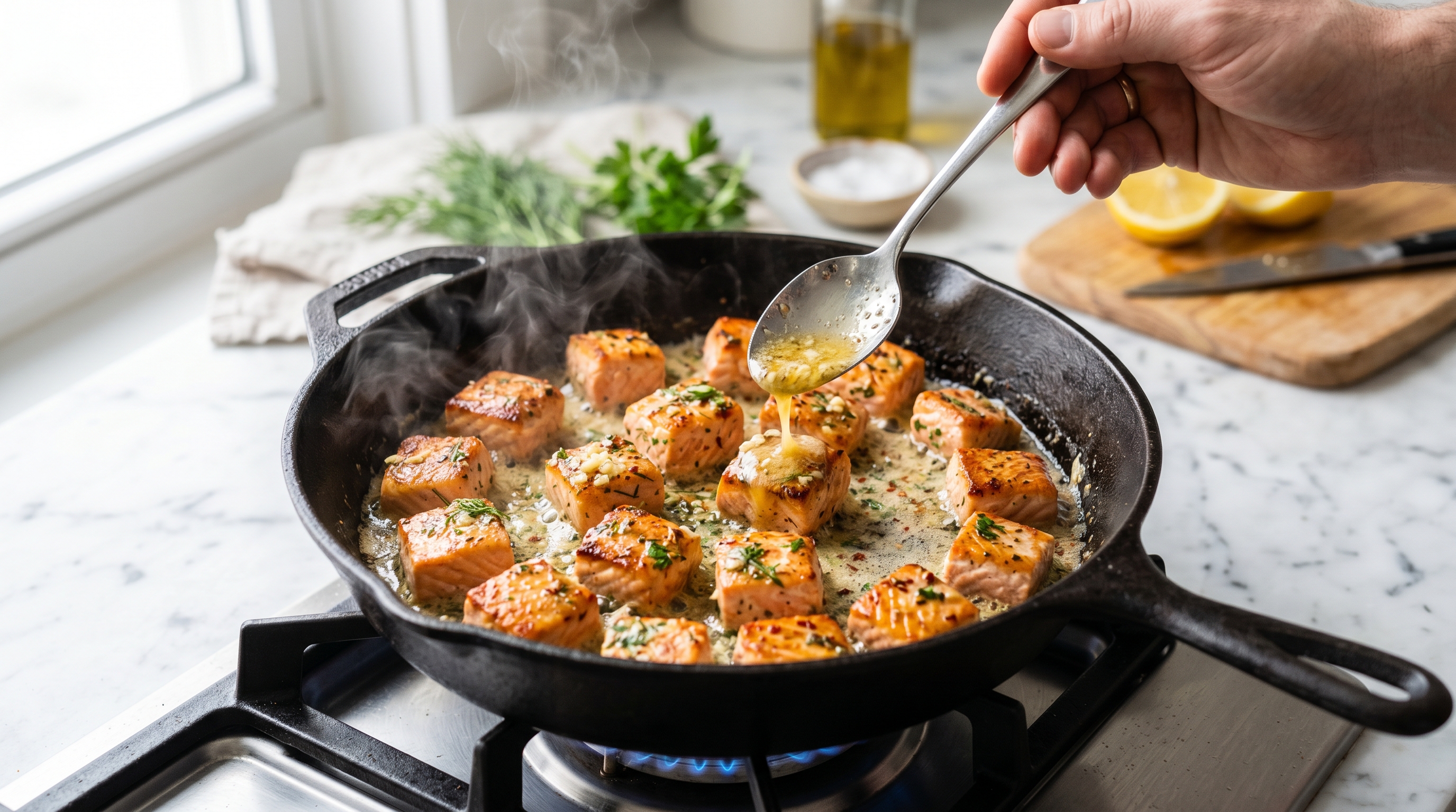 Salmon bites searing golden in foaming garlic butter skillet