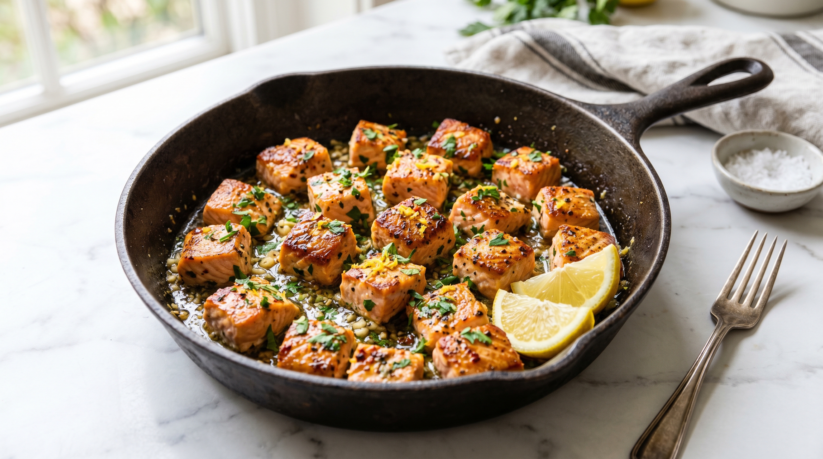 Golden garlic butter salmon bites in skillet