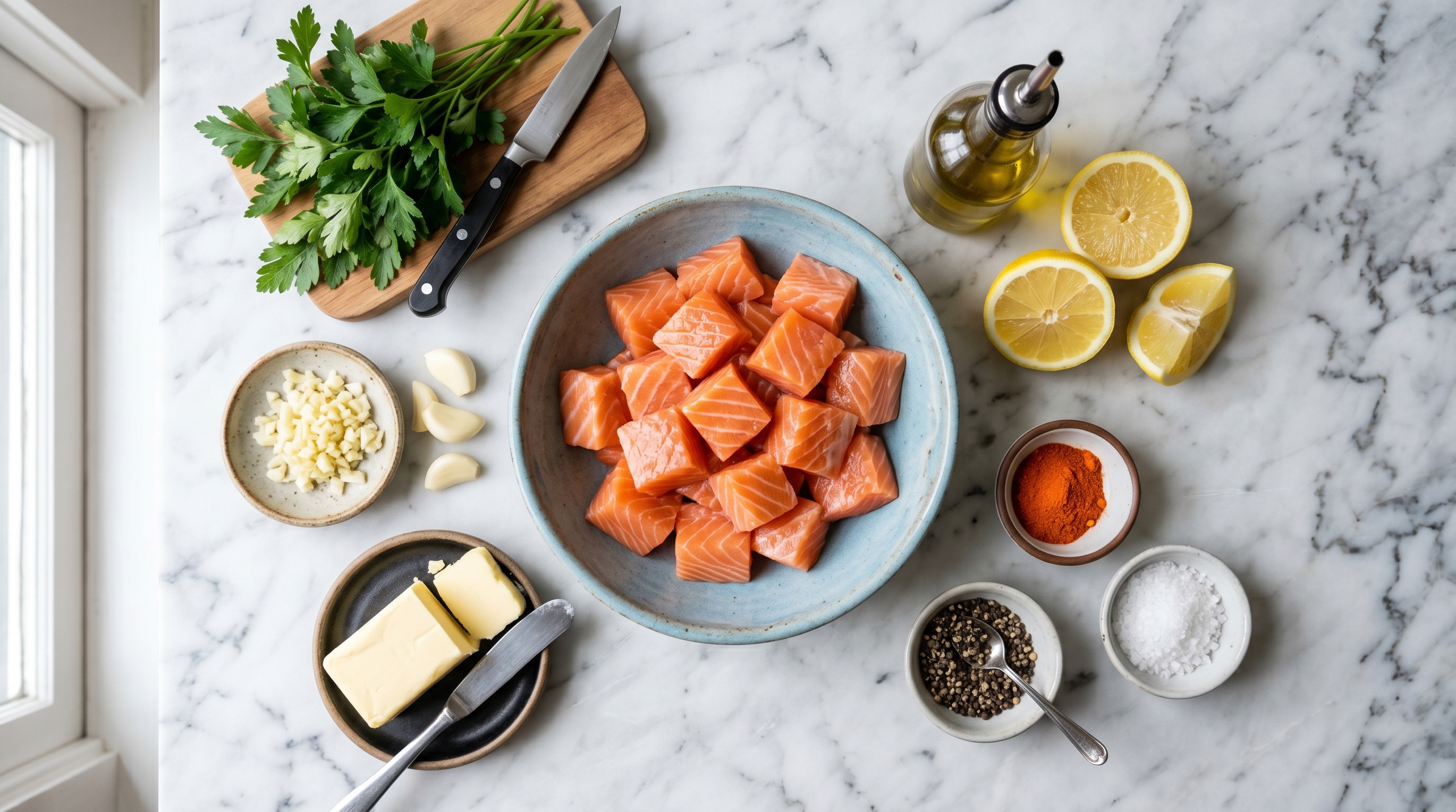 Garlic butter salmon bites ingredients flat lay