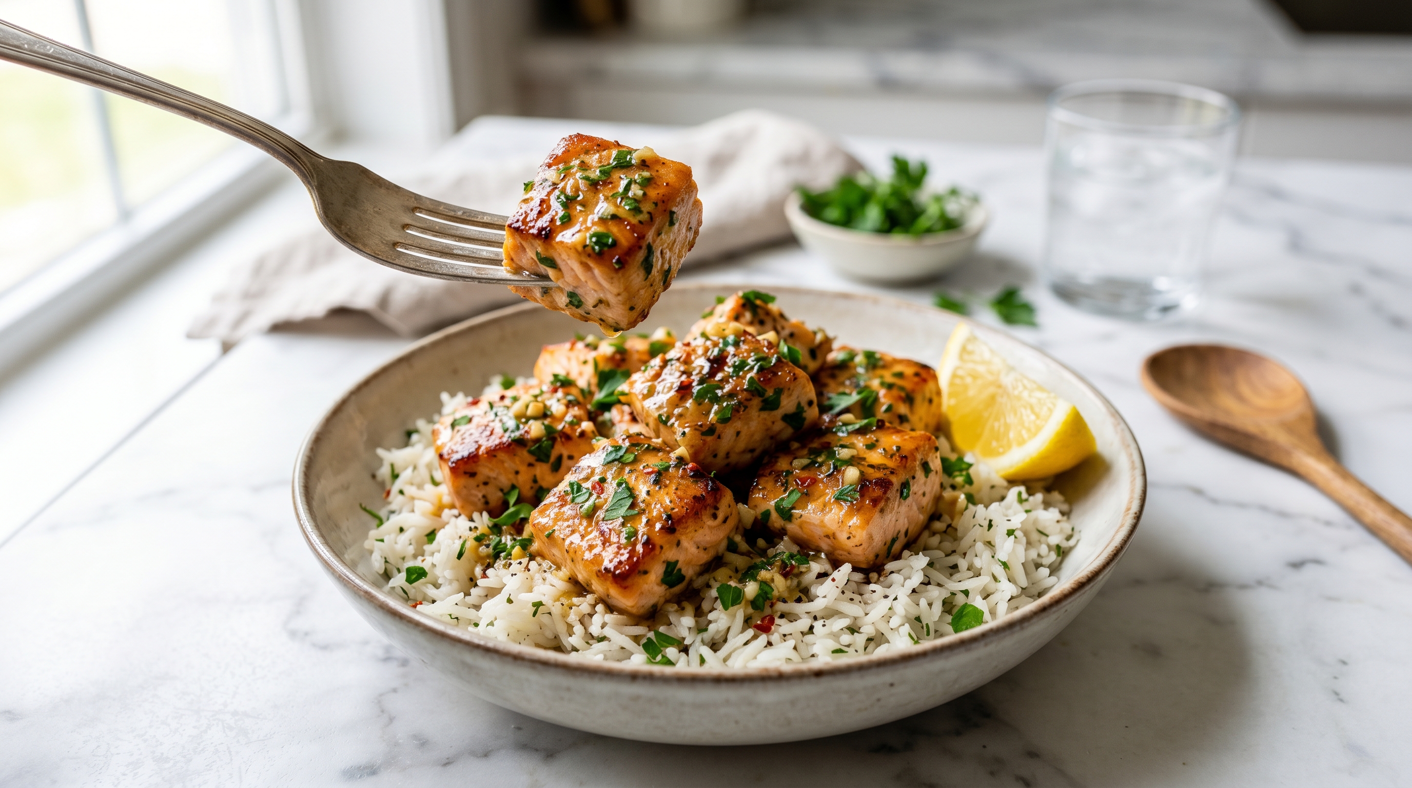 Garlic butter salmon bites served over white rice with steamed broccoli