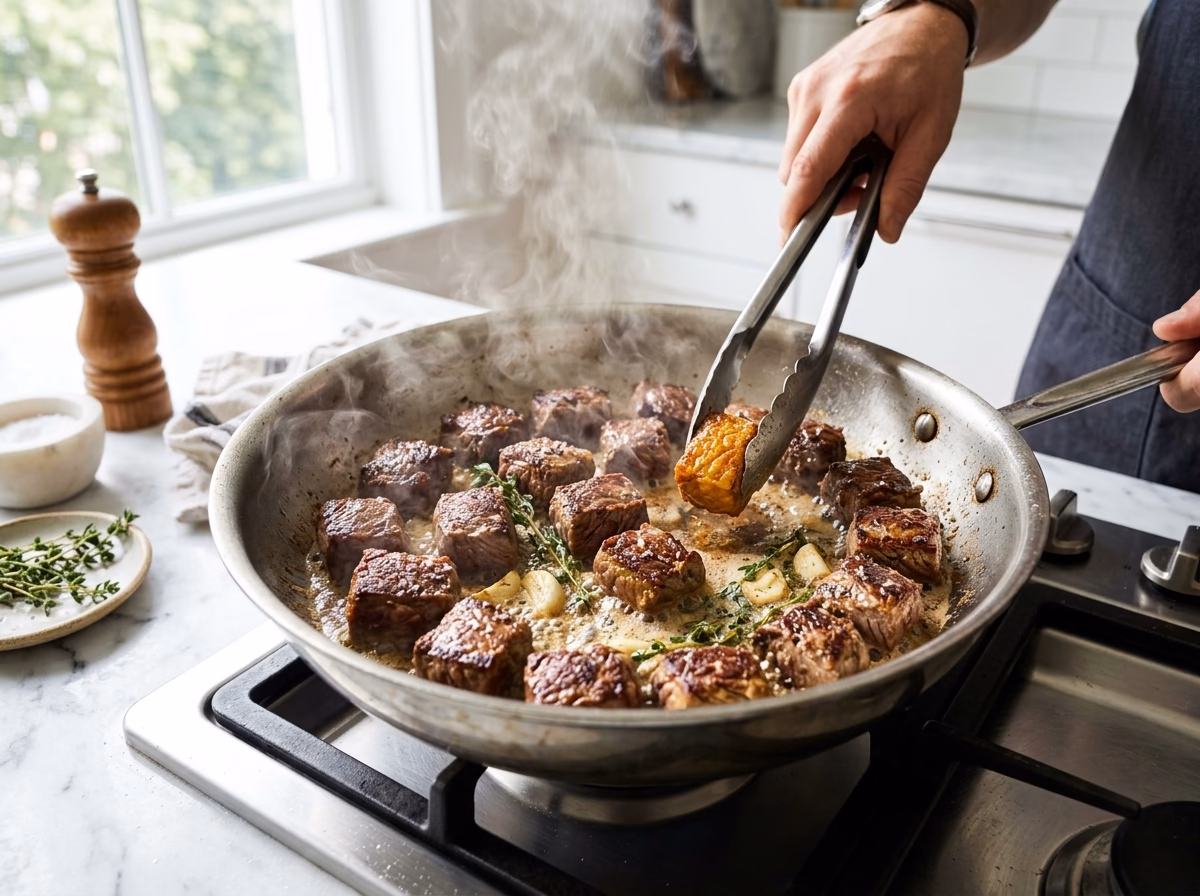 garlic-butter-steak-bites cooking