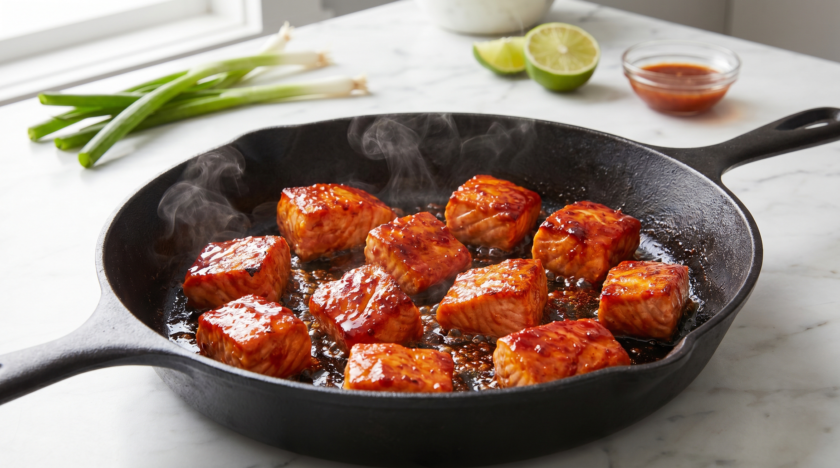 Seared salmon cubes glazed in sticky honey sriracha sauce in cast iron skillet