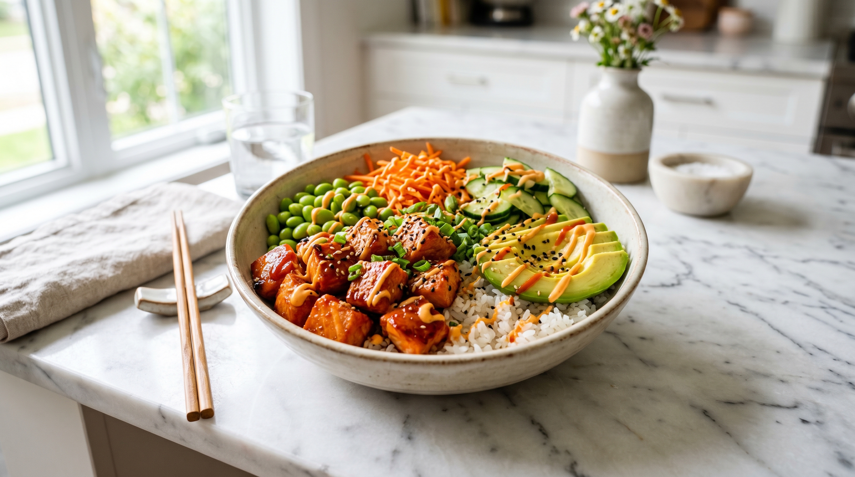 Honey sriracha salmon rice bowl with avocado